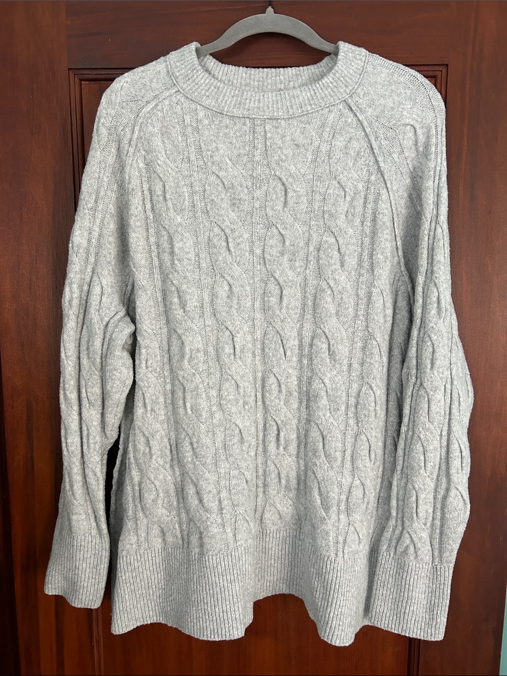 aerie Light Gray Cable-Knit Crewneck Sweater